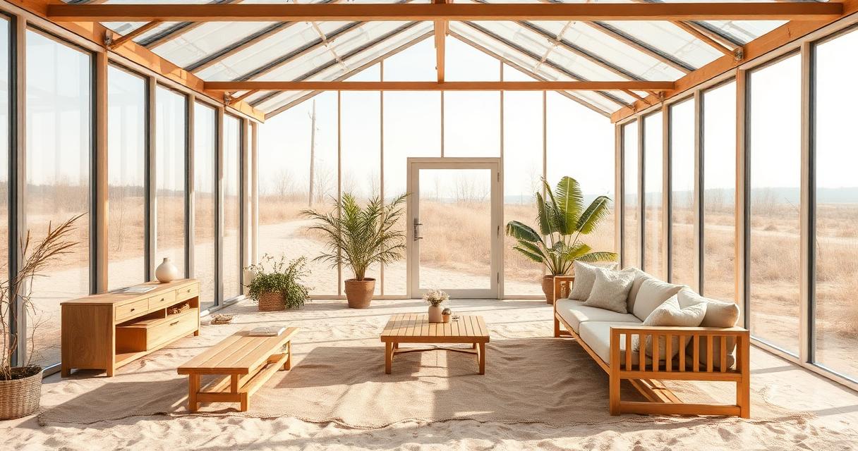 A warm-lit modern greenhouse interior with glass walls and minimalist furniture