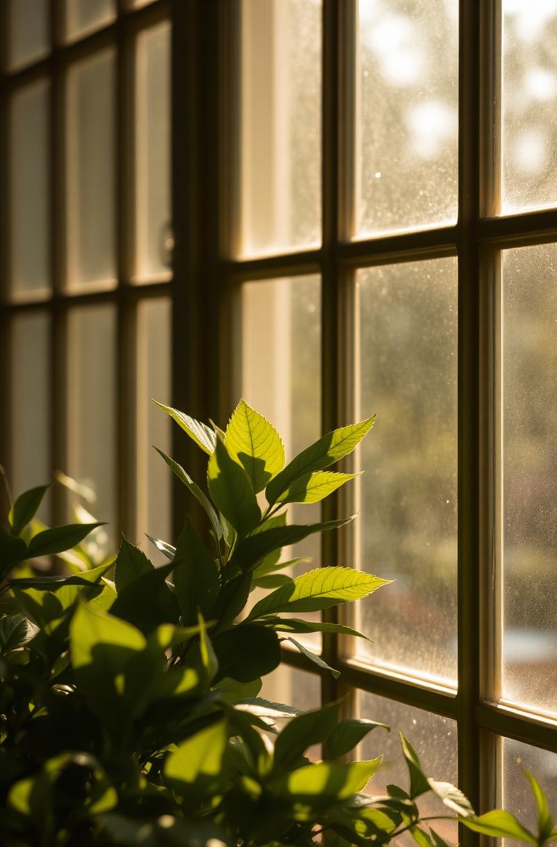 Sunlight filtering through glass panes onto soft green leaves